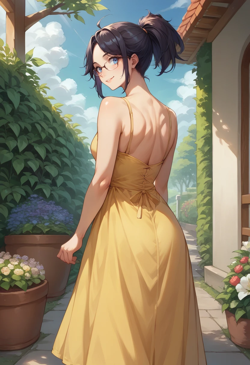 score_9, score_8_up, score_7_up, source_anime, Kson, black hair, blue eyes, ponytail, glasses, from behind, yellow sundress, garden, day, sunshine, smile, looking back, <lora:ChamKsonPonyXL:1>