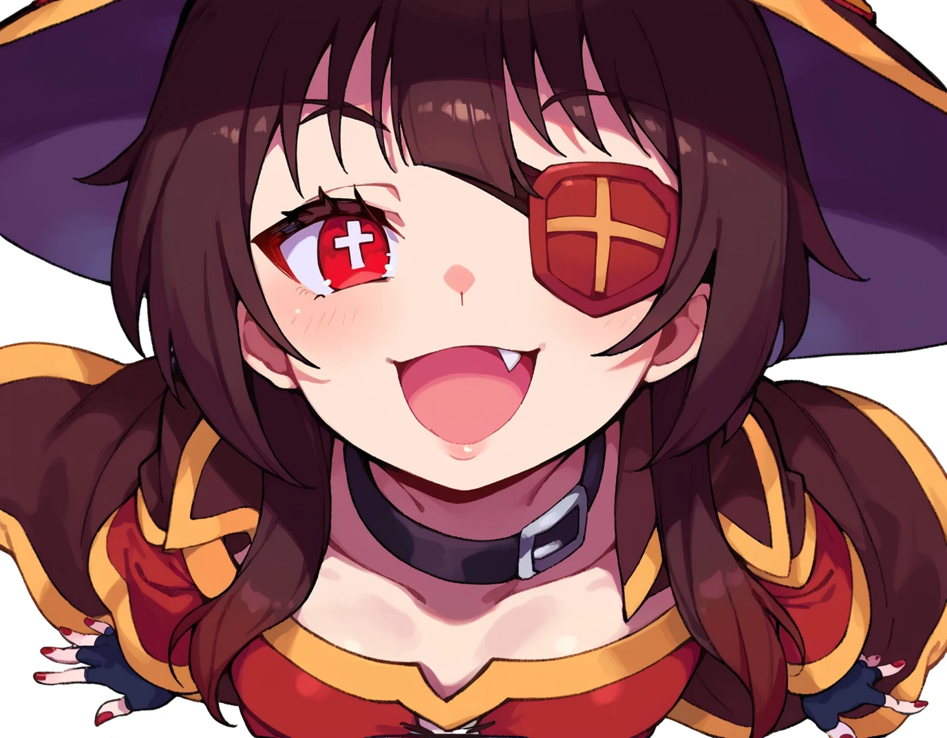 score_9, score_8_up, score_7_up, score_6_up, source anime, BREAK
<lora:konosuba_megumin:0.8> nimugempnxl, megumin, 1girl, solo, short hair with long locks, small breasts, from above,
fingerless gloves, witch hat, red nails, open mouth, looking at viewer, smile, skin fang, portrait, nail polish, eyepatch, collar, cape, :d, + +, symbol-shaped pupils