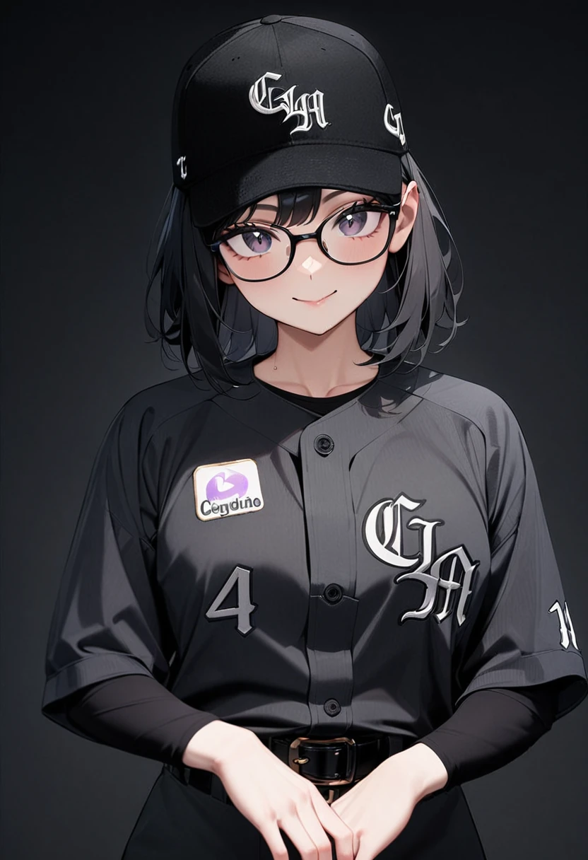 masterpiece, best quality, very aesthetic, absurdres,
1girl, solo,  glasses, black hair, medium hair, smile, looking at viewer, upper body, 
clm, baseball uniform,  facial hair, baseball cap, belt, looking at viewer, pants, black background, black shirt, shirt, closed mouth, black belt, black hair, simple background, cowboy shot, long sleeves
 <lora:ChibaLotteMarinesNCE20024_SDXL_V1:0.8>