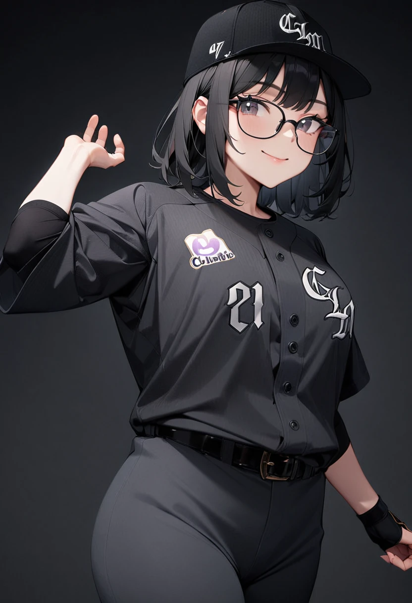 masterpiece, best quality, very aesthetic, absurdres,
1girl, solo,  glasses, black hair, medium hair, smile, looking at viewer, 
clm, baseball uniform,  facial hair, baseball cap, belt, looking at viewer, pants, black background, black shirt, shirt, closed mouth, black belt, black hair, simple background, cowboy shot, long sleeves
 <lora:ChibaLotteMarinesNCE20024_SDXL_V1:0.8>