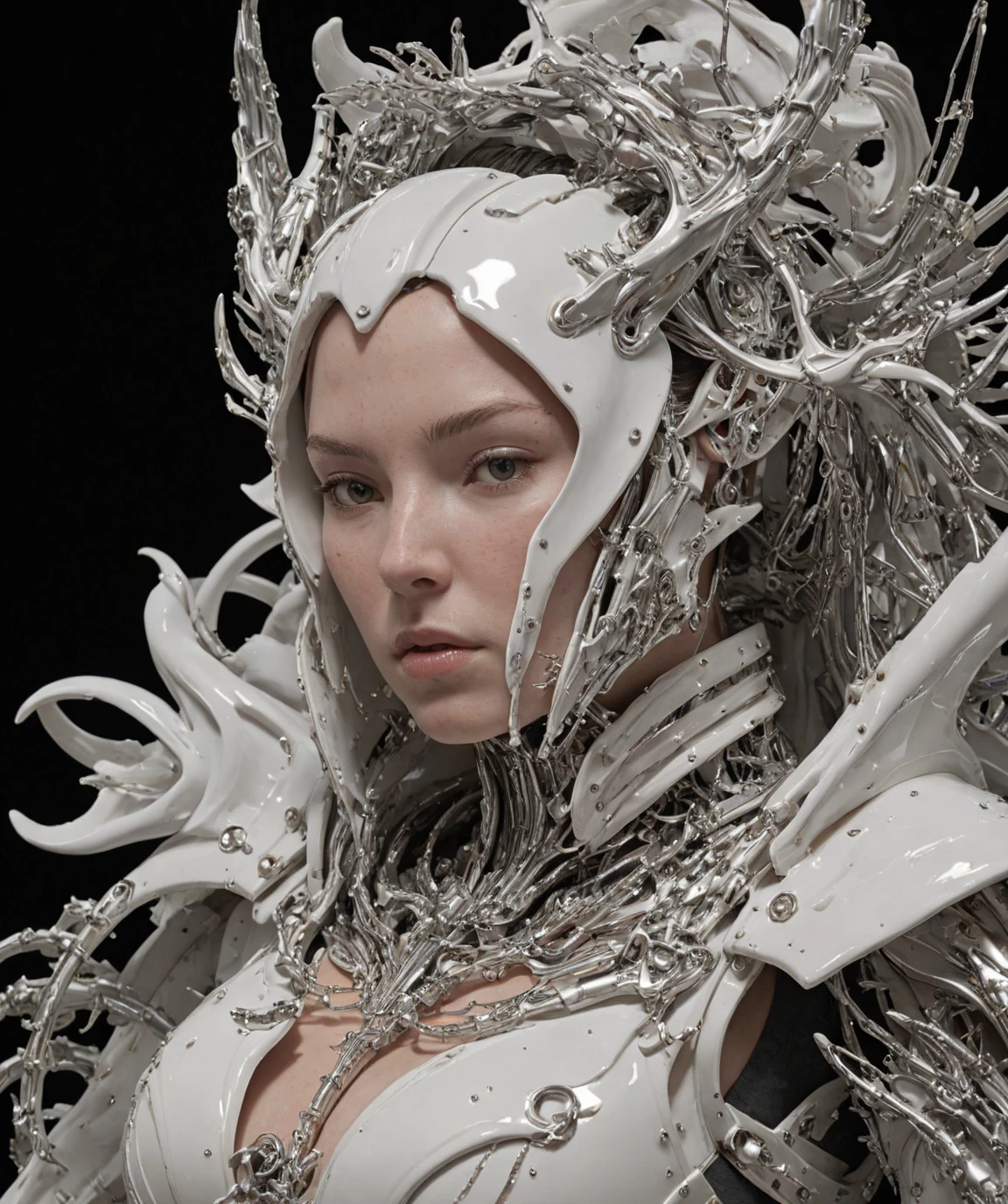 masterpiece, best quality, 3d statue by daturahex, a close up of a woman in a white costume holding a sword, porcelain cyborg armor, glossy white armor, porcelain cyborg, in white futuristic armor, inspired by Masamune Shirow, female android, female mecha light particles flying around, black background, hyperdetailed; by Kim Keever Antoine Collignon Wadim Kashin Tim Burton Peter Mohrbacher, <lora:DaturaHex-000008:0.9>