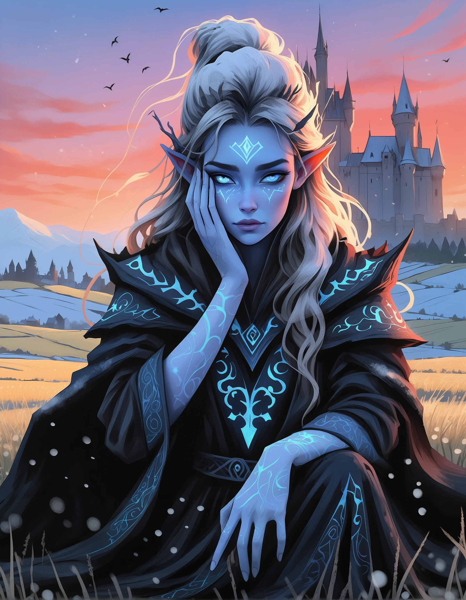 close up shot of a elven woman in a glowing magical robe covered runes, covering her face with her hands, She is sitting in a field lightly dusted with snow, a huge dark castle is visible in the background, blond hair, light blue skin tone, perfectly drawing hands, red sky, black crows are circling in the sky, LegendDarkFantasy, in the style of flat shading, by style Gemma Correll, 2d animation