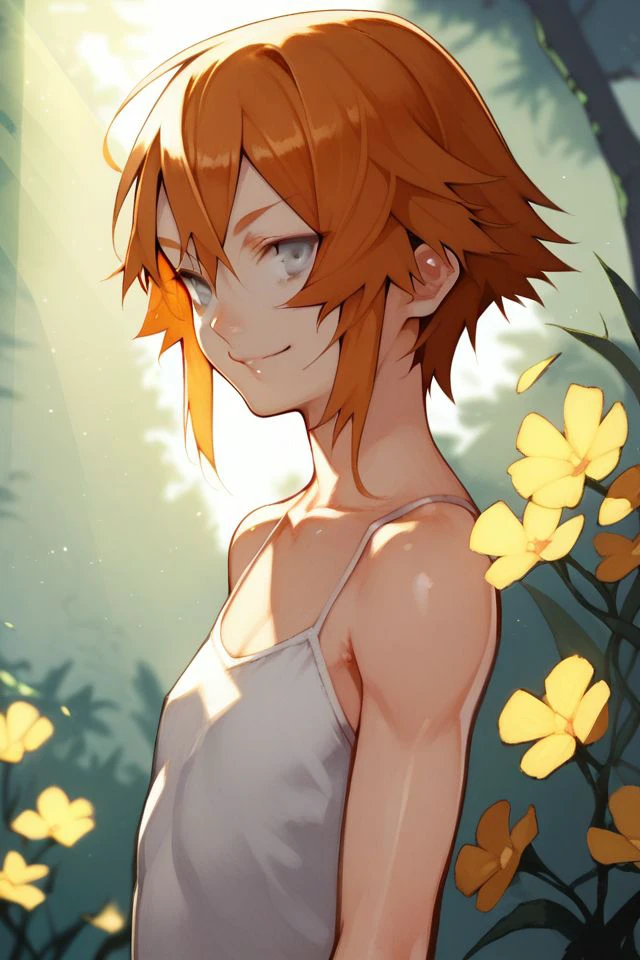 score_9, score_8_up, score_7_up, 1girl, smile, orange hair, bangs, silver eyes, flat chest, god rays <lora:yoshio_(55level)_PonyXL_style_v01:1>