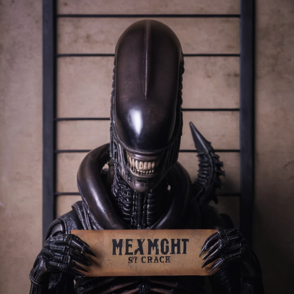 cinematic film still of  <lora:Mugshots style:0.8> (((mugshot  wall))) posing with a sign behind mugshot wall
 <lora:Xenomorph:0.8> Xenomorph, shallow depth of field, vignette, highly detailed, high budget, bokeh, cinemascope, moody, epic, gorgeous, film grain, grainy