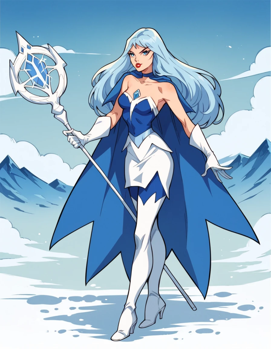 score_9, score_8_up, score_7_up, score_6_up, full body, hud_frosta_shera, 1girl, solo, long blue hair, blue eyes, tight blue and white short dress, strapless, bare shoulders, blue choker, cape, blue chest jewel, blue pantyhose, white thigh boots, white gloves, staff, magic frost coming out of staff, lipstick, retro artstyle, snow capped mountains, <lora:hud_frosta_shera_XLP:0.7>