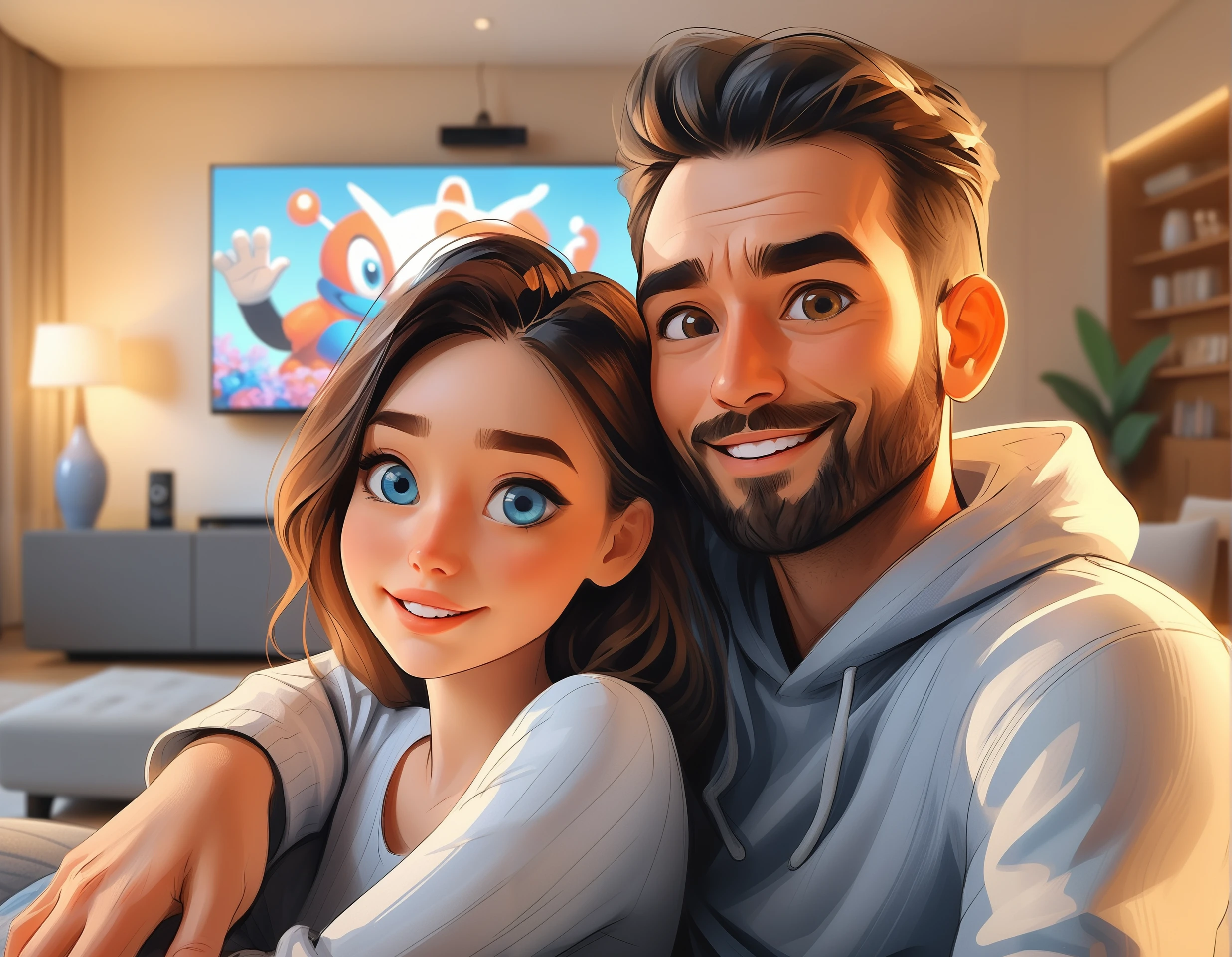 cartoon man with cartoon woman, they together watching TV in the living room, joyful, detailed background, ultra quality, medium shot, beautiful environment, detailed eyes, detailed face, detailed background, hdr, 8k, 2d, sharp focus