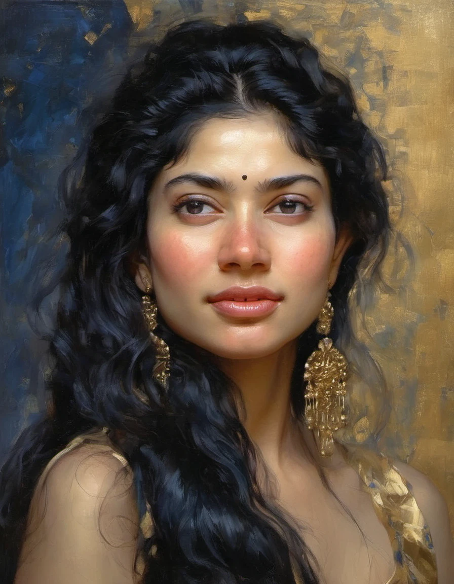 SaiPallavi,a woman with long black hair in a gold painting, in the style of charlie bowater, dark blue and dark black, michael garmash, comic art, realistic color palette, dark black and beige, soft-focused realism