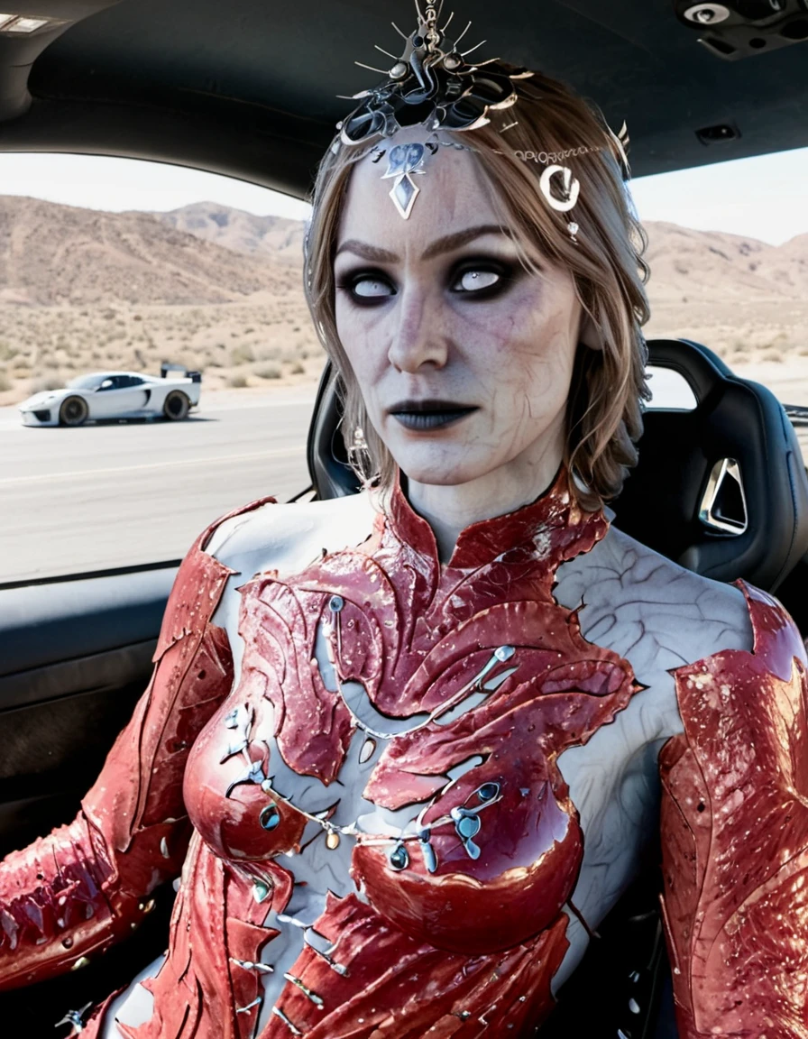 <lora:39ADB65A02:1> Photograph of  Orin-The-Red, acting in a Need For Speed movie, sitting in a super car, driver, Fast and Furious, driver focus, shot from outside the car front the front, drone camera, white milky skin, ((white eyes)), wearing red-cracked-bodysuit, wearing head ornament, wearing no makeup, looking at viewer, realistic matte skin, (Skin Texture, pores, natural,iPhone,RAW)), grin, teeth. Highest Quality, Nikon Z9, 8k