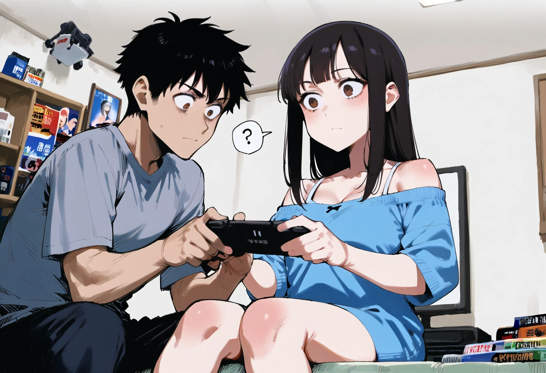 score_9, score_8_up, score_7_up, source_anime, 1boy, 1girl, light smile, short hair, black hair, long hair, brown eyes, confused, game console, game controller, sitting, from below, watching television, room, magazine, wide shot, <lora:Artist - J.K. .3 WD - IPG - ND v27 doubled all:0.5> <lora:Artist - krekkov .3 WD - IPG - ND v27 doubled all:0.5>