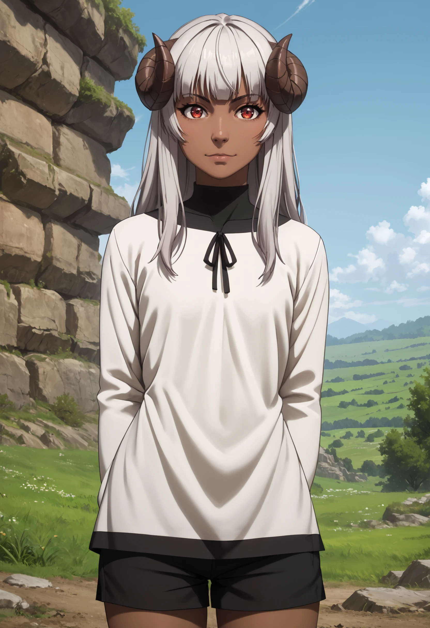 zPDXL, source_anime, 1girl, 
felm, horns, dark-skinned female,
white dress, black shorts, long sleeves, 
standing, cowboy shot, arms behind back, 
outdoors, blue sky,
<lora:felm-pony-kohya6-000008:0.6>