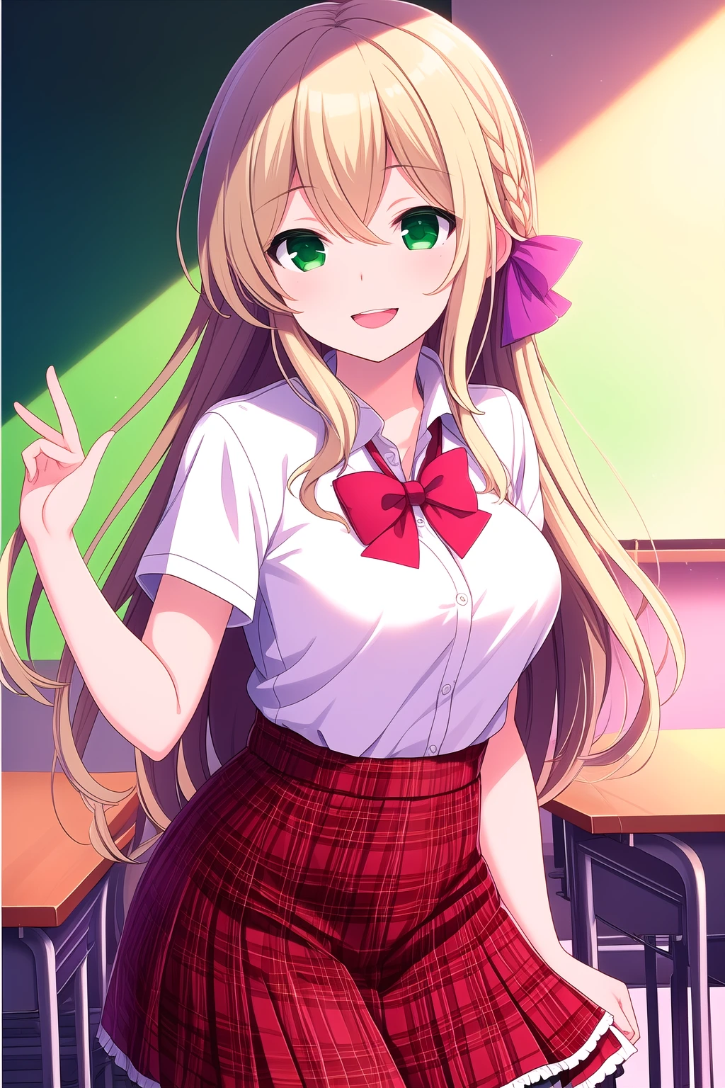 (masterpiece, best quality), highly detailed background, perfect lightingbest quality, mochizukierena, solo, indoors, classroom, blonde hair, hair between eyes, french braid, hair ribbon, purple ribbon, very long hair, green eyes, medium breasts, red bowtie, white shirt, short sleeves, red skirt, plaid skirt, black pantyhose, school uniform, smile, open mouth, :d, pink lips, <lora:Mochizuki-Erena:0.7>