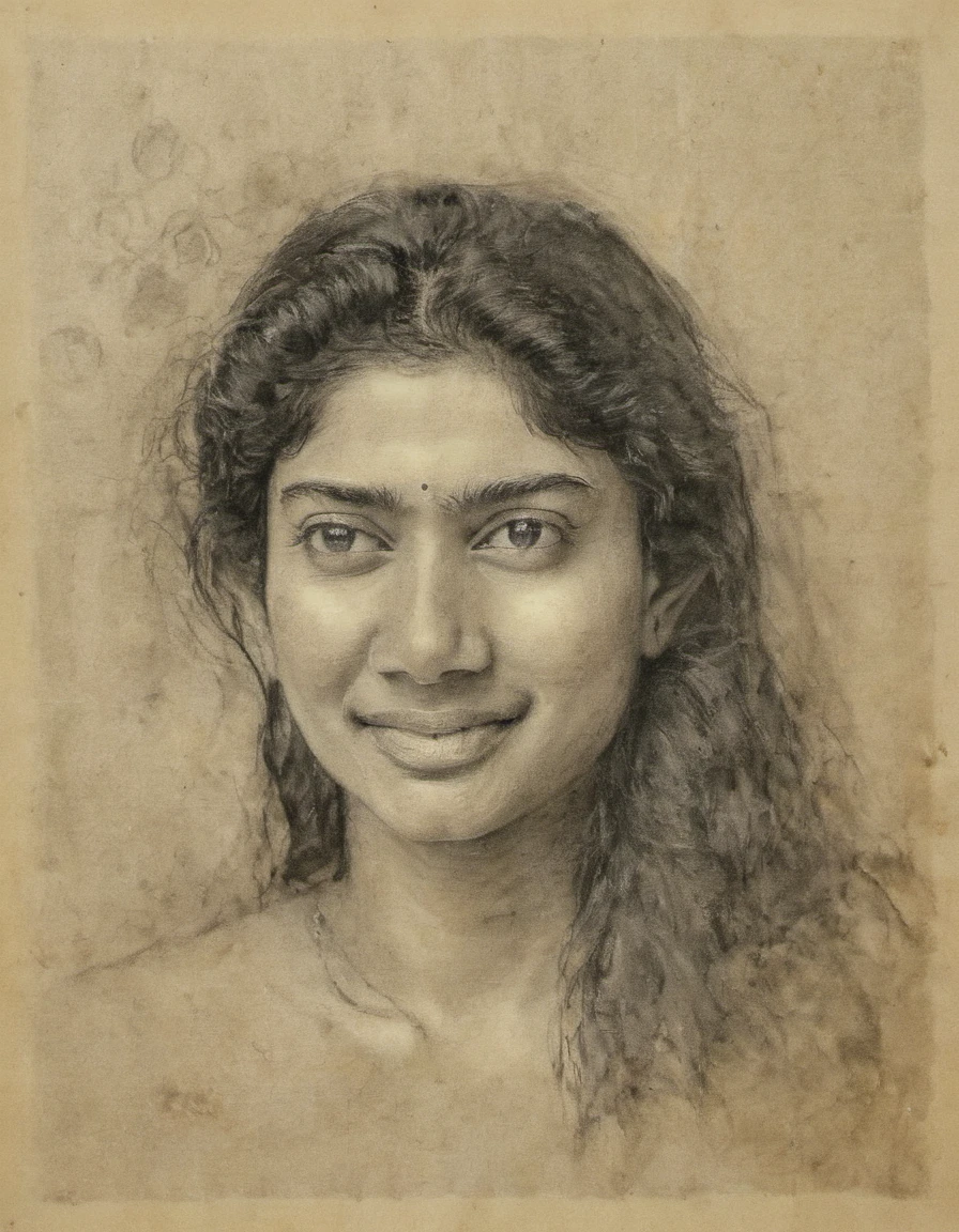 SaiPallavi,Rough charcoal sketch on old paper, beautiful female