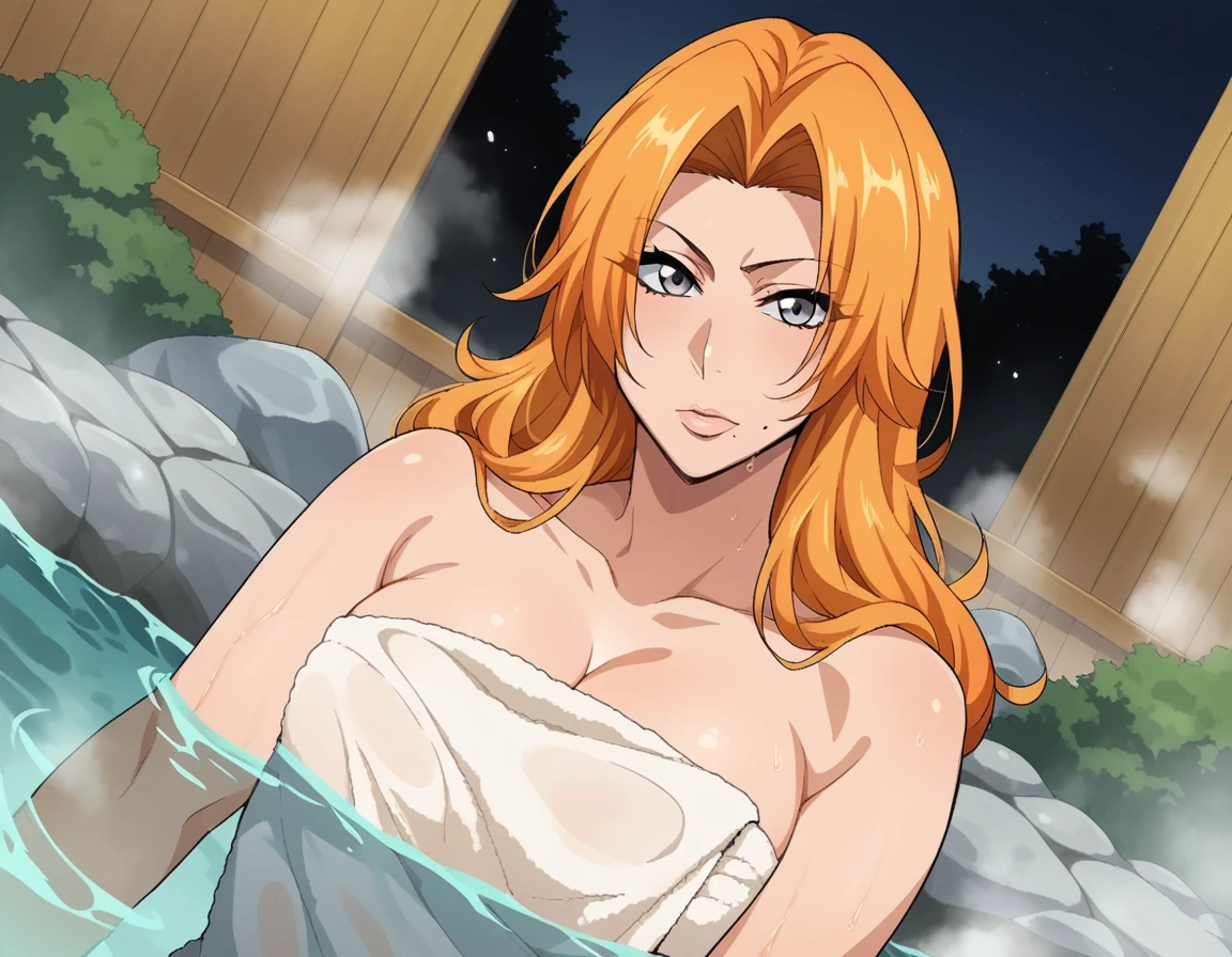 score_9, score_8_up, score_7_up, source_anime,
rangikumatsumoto, <lora:rangiku-matsumoto-anime-ponyxl-lora-nochekaiser:1>,
rangiku matsumoto, long hair, grey eyes, orange hair, mole, mole under mouth, parted bangs,
nude, naked,
outdoors, onsen, towel, naked towel, steam, bathing, nude cover, partially submerged, water, bath, steam censor, wet towel,
looking at viewer, cowboy shot, dutch angle,