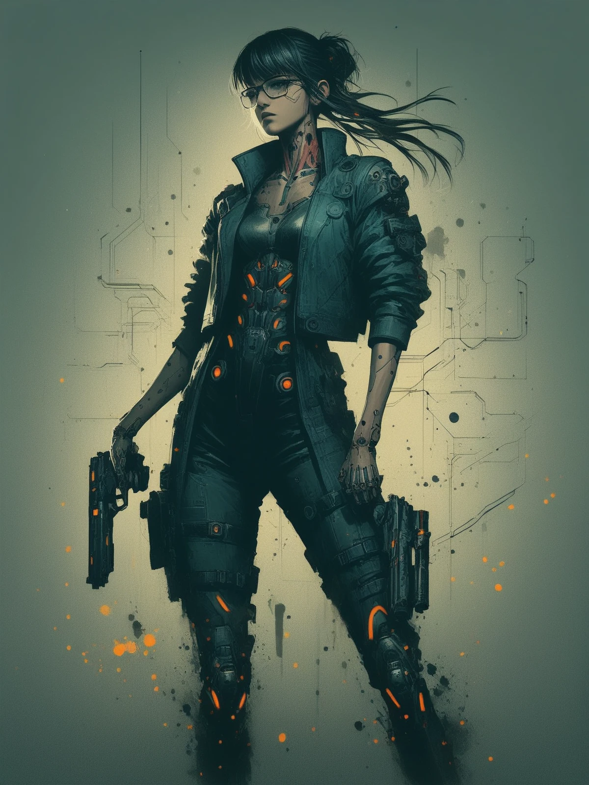score_9, score_8_up, score_7_up, woman holding gun, cinematic photo, cyberpunk, glasses, dramatic lighting, dynamic pose,<lora:Neon_Splash_Art_for_Pony:0.8> source_anime