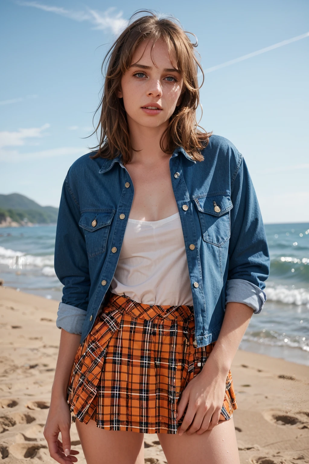 (1girl, 23 years old),  <lora:ZH_MayaHawke_v1:1>, zh_mayahawke, solo, realistic, blue eyes, brown hair, slight smile, wearing denim shirt and plaid skirt,