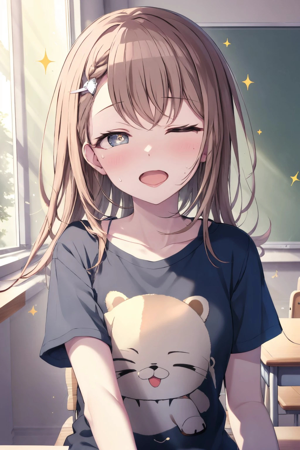 (masterpiece), best quality, expressive eyes, perfect face, minorichan, open mouth, shirt, hair ornament, bow, sitting, closed eyes, upper body, short sleeves, indoors, sweatdrop, black shirt, window, sparkle, chair, stuffed toy, sunlight, t-shirt, clothes writing, facing viewer, desk, classroom, print shirt, <lora:a6d131ee-d2cb-4d20-84a1-998e47ea97d4:0.7>