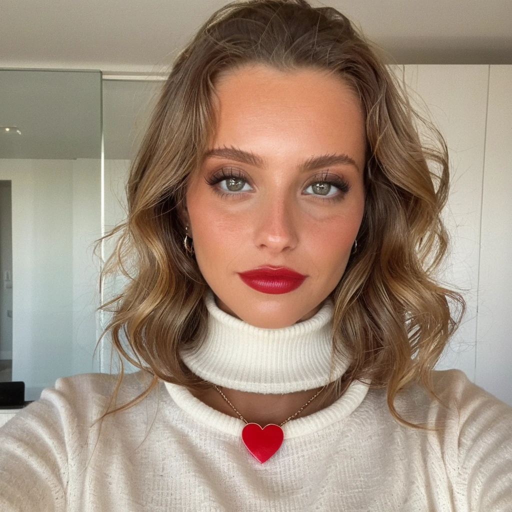 Looking straight at the camera, Film grain, skin texture, Instagram closeup selfie of a woman with beautiful wavy hair wearing a heart necklace,f/1.8,wearing a tutleneck shirt,     <lora:marcorceiro_xl_1_standard_wo_cap_merger_42_86_96_02_03_05:1>