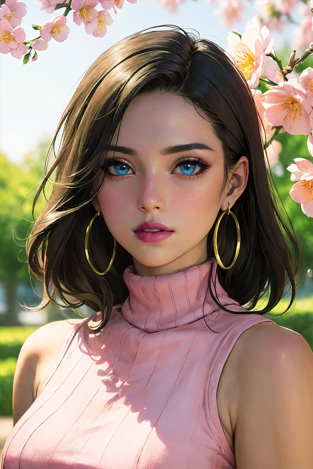 (masterpiece, best quality:1.5), (extremely detailed:1.2), 8k, HQ, ultra highres, uhd, cinematic shot, beautiful natural lighting, vibrant rich colors, film grain, soft shadows, best shadows, best aesthetic, intricate details, (sharp focus, from front, cowboy shot:1.3), portrait of a latin woman, 35 years old, medium shot, upper body, (looking at viewer:1.4), (shoulder-length brown hair), (extremely beautiful, attractive, hot, sexy, romantic, lovable, feminine:1.2), calm, kind face, happy, expressive eyes, relaxed, (smiling:0.6), (beautiful detailed face, highly detailed skin, beautiful blue eyes, gorgeous perfect eyes:1.3), breathtaking beauty, seductive, captivating beauty, pale skin, perfect female figure, (wearing a peach pink turtleneck sweater:1.2), blue jeans, (luscious thick lips, pink purple lips, highly saturated lipstick, light makeup, golden hoop earrings), beautiful lush garden, sakura blossom, flowing petals, intricate details, (depth of field, bokeh), daytime, extremely delicate and beautiful, sunrays, award winning photography, dslr photo, (detailed background), volumetric fx, photorealism, hyper-detailed