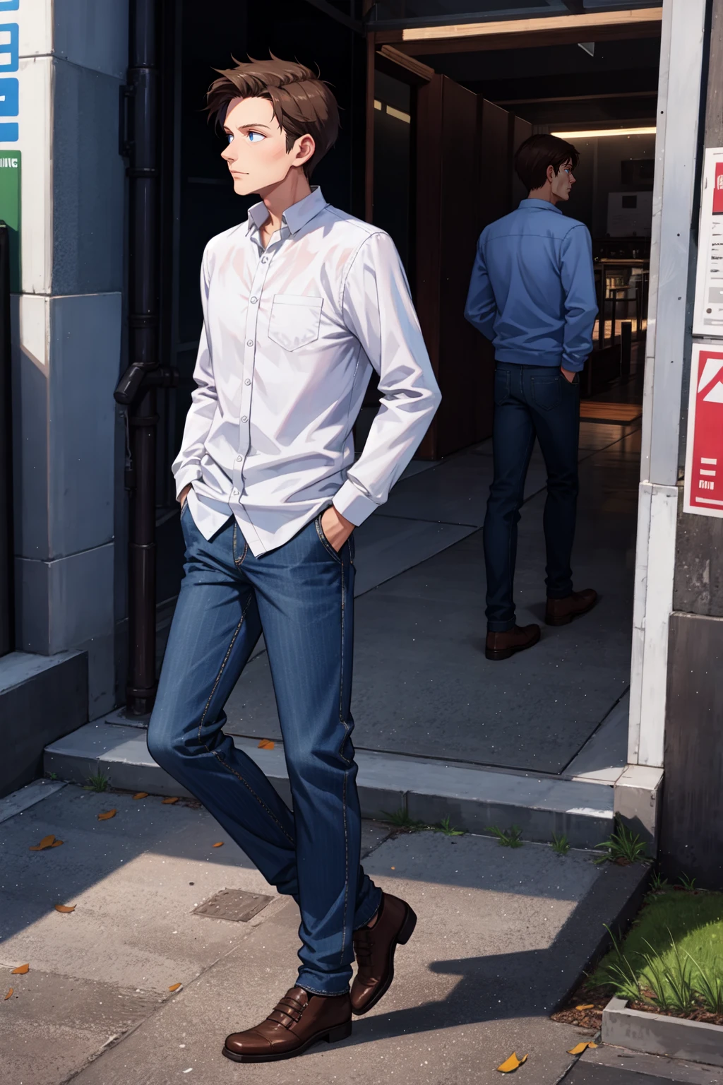 (best quality:1.4), amazing intricate, handsome, walking, hands in pockets, from side