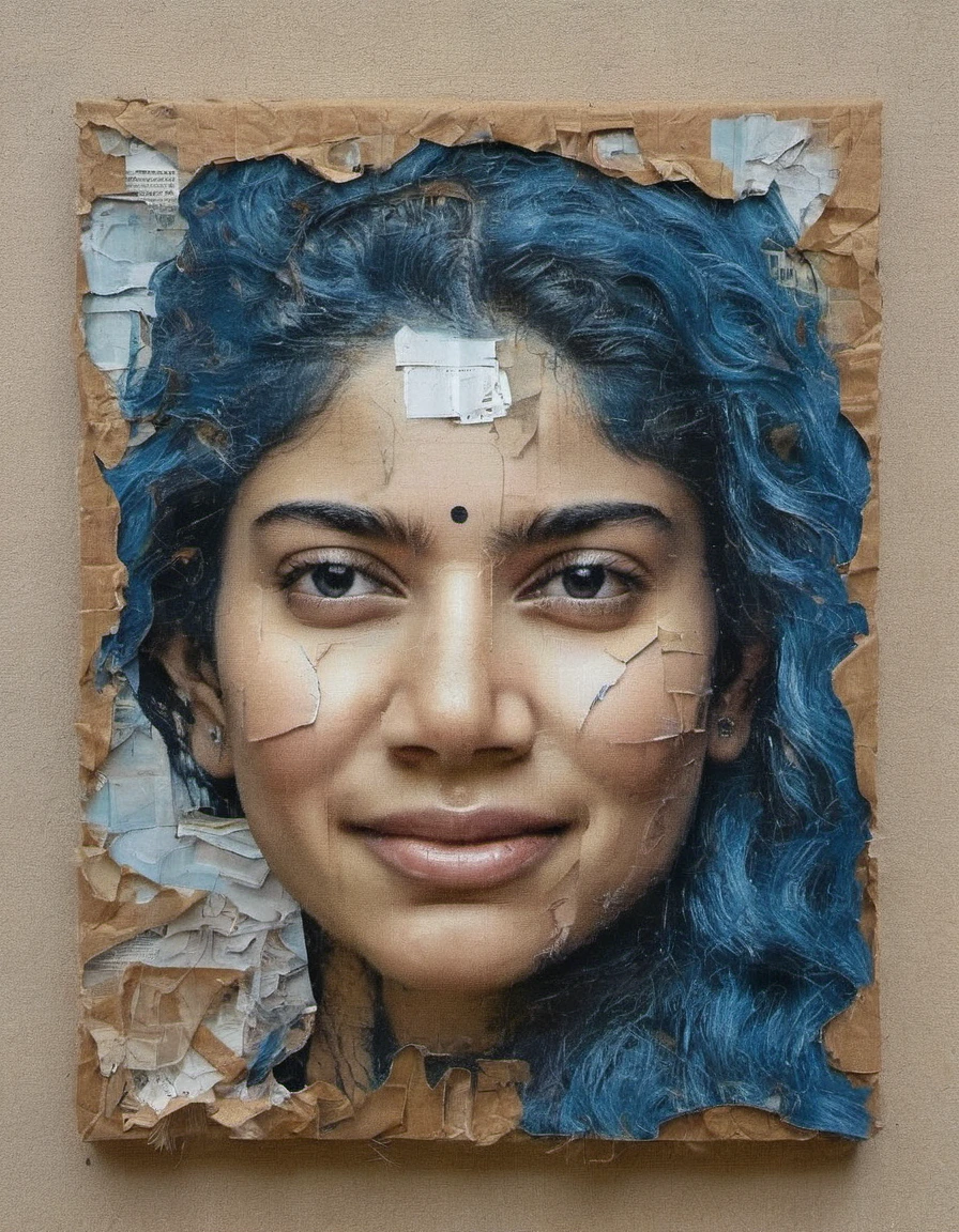 SaiPallavi,woman with blue hair, in the style of multi-layered collages, edgy street art, celebrity-portraits, cardboard, fragmented icons, realistic hyper-detail, crossed colors