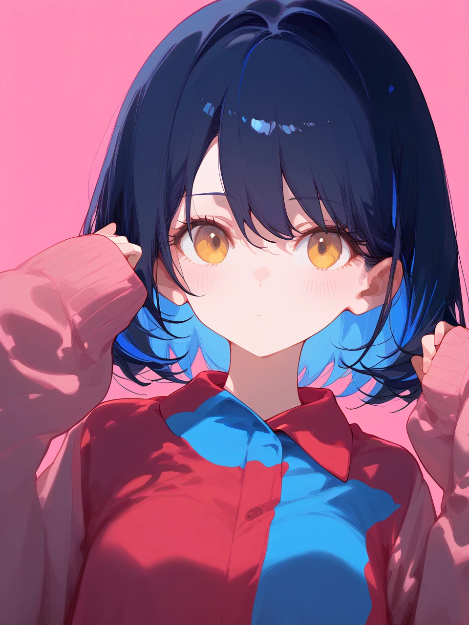 1girl, 
score_9, score_8_up, score_7_up, light blue hair, closed mouth, upper body, multicolored hair, signature, shirt, dot nose, medium hair, red shirt, w arms, bob cut, looking at viewer, colored tips, wing collar, eyelashes, sleeves past wrists, simple background, white background, long sleeves, expressionless, two-tone hair, hair between eyes, hands up, pink background, blouse, collared shirt, colored inner hair, :<, black hair, blue hair, two-tone background, yellow eyes, dated, solo, swept bangs, blush