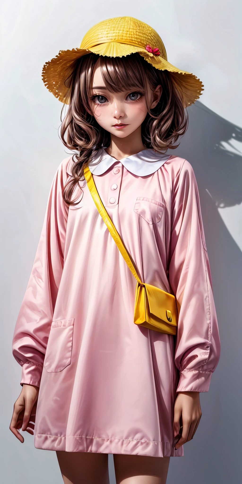 masterpiece,ultra-detailed,best quality,8K,illustration,cute face,clean skin ,shiny hair,
petite girl ,<lora:more_details:1>,simple background,cowboy shot
<lora:youchien v1.0:0.6> jyojifuku,hat, yellow headwear, long sleeves, pink dress,bag