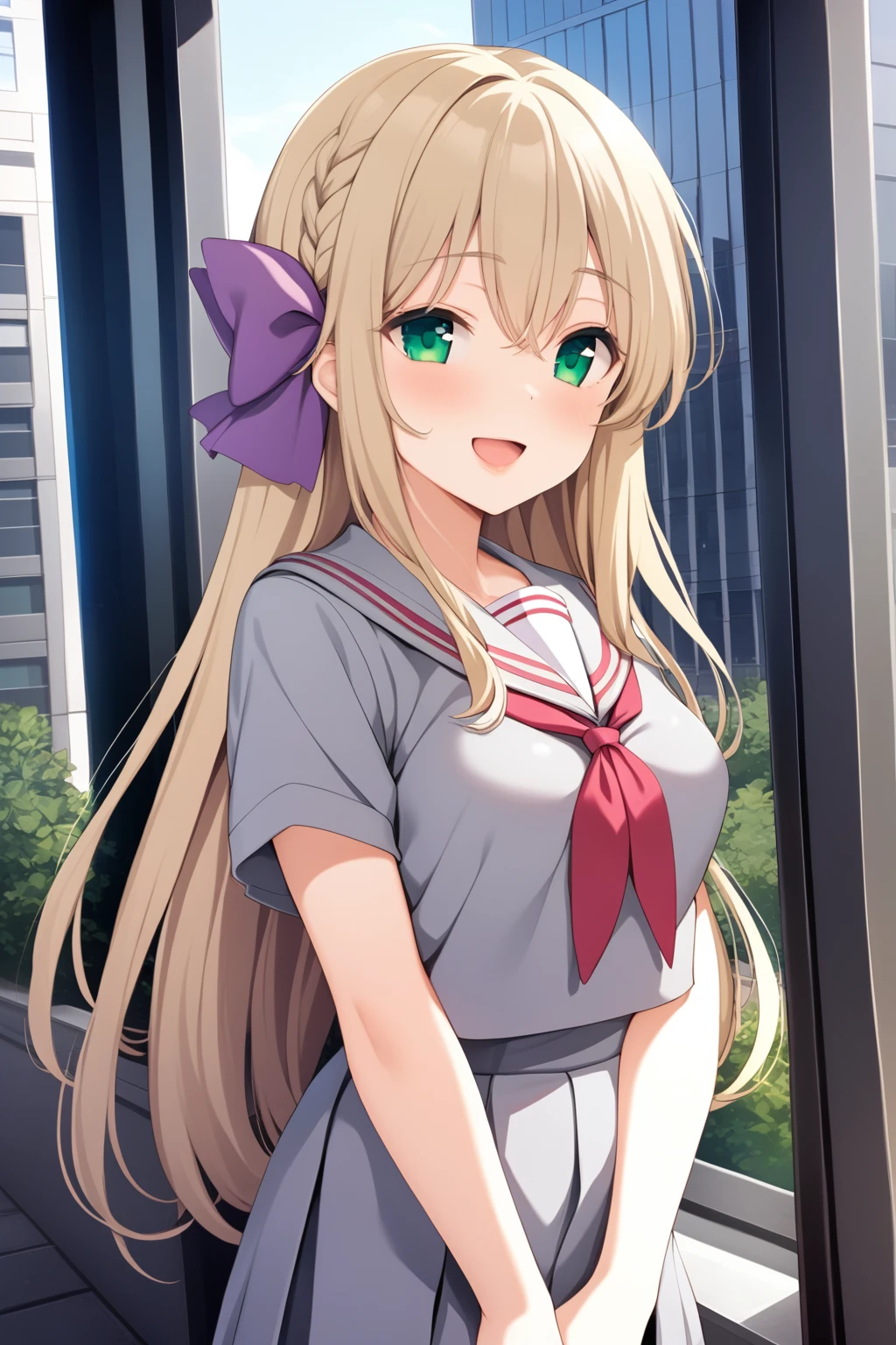 (masterpiece, best quality, very aesthetic, ultra detailed), intricate details, mochizukierena, solo, outdoors, city, blonde hair, hair between eyes, french braid, hair ribbon, purple ribbon, very long hair, green eyes, medium breasts, grey serafuku, white sailor collar, purple ribbon, neck ribbon, grey skirt, school uniform, smile, open mouth, :d, pink lips, <lora:Mochizuki-Erena:0.7>