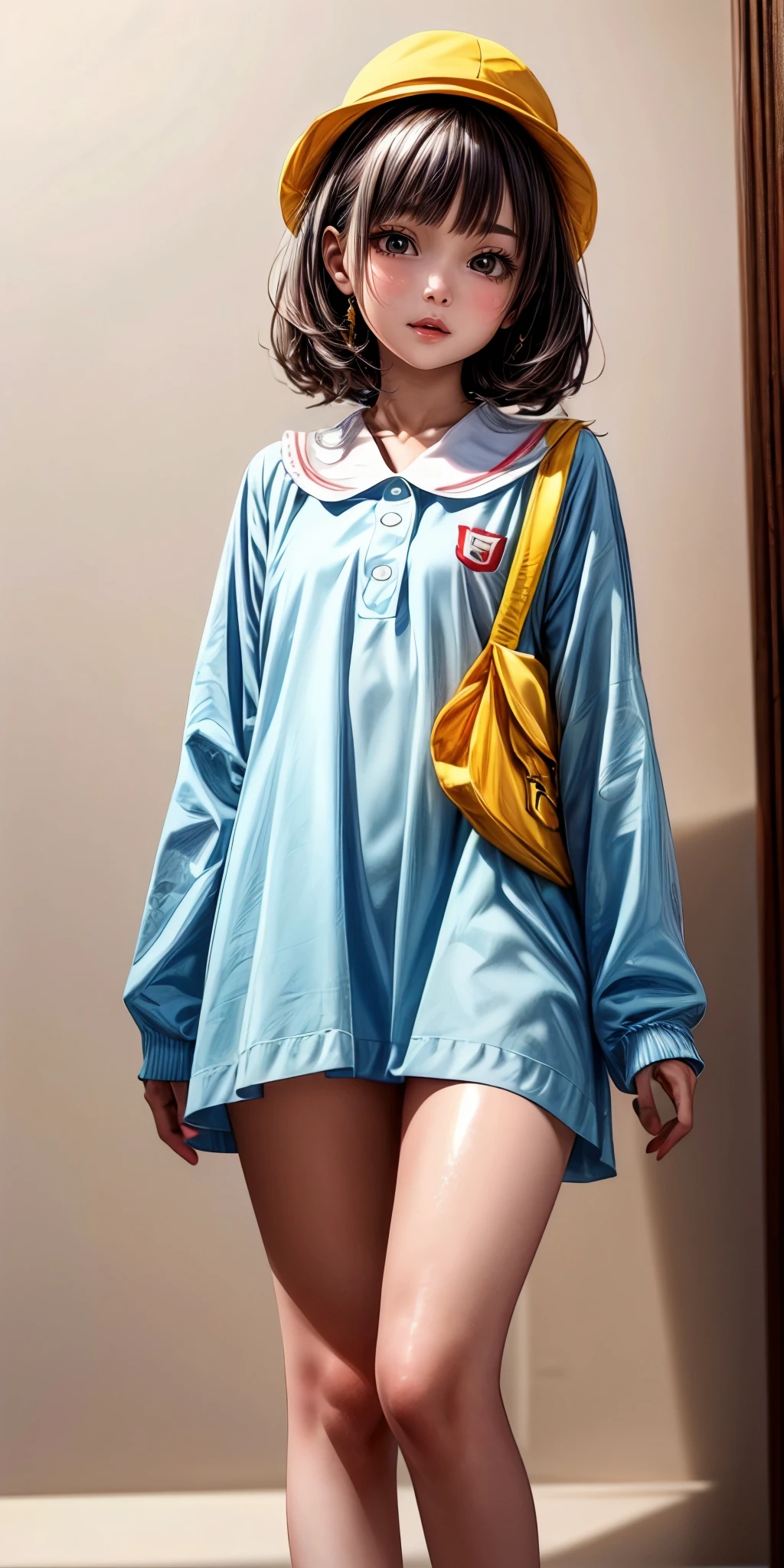 masterpiece,ultra-detailed,best quality,8K,illustration,cute face,clean skin ,shiny hair,
petite girl ,<lora:more_details:1>,simple background,thighs,
<lora:youchien v1.0:0.6> jyojifuku,yellow school hat, long sleeves, blue dress,bag,