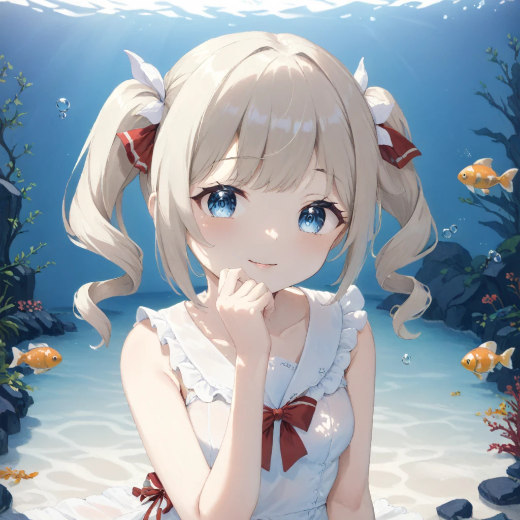 okawaii koto, 1girl, solo, subtle smile, platinum blonde hair, blue  eyes, twin tails, parted lips, red ribbon, underwater, fish, empty eyes, hand on own chin, Barbara \(Genshin Impact\), white dress, lace trim, lip gloss, white ribbon
[
ãã¼ãã©ããã¼ãºãããã®ï¼ãå¯æããã¨ã»ã»ã»
:24]
 <lora:Okawaii_koto:1> <lora:Barbarax_xl:1>