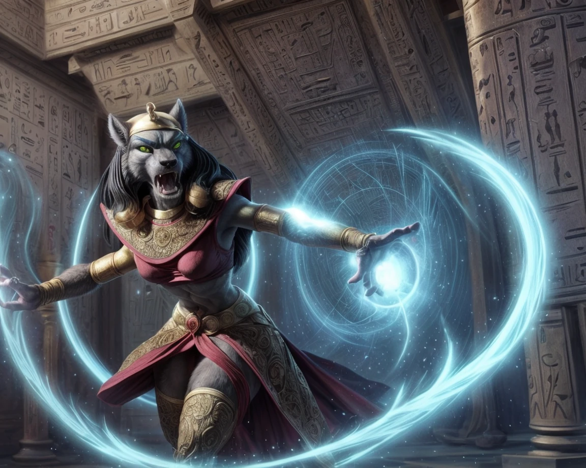 Masterpiece, Realistic, best ultra quality, perfect intricate details, RAW Photo, detailed background, female, Mirage, angry, egyptian clothing, uraeus, magic, open mouth, attack, by badroy,by teckworks, <lora:Mirage-01-Polyfur-nd64-020:1>