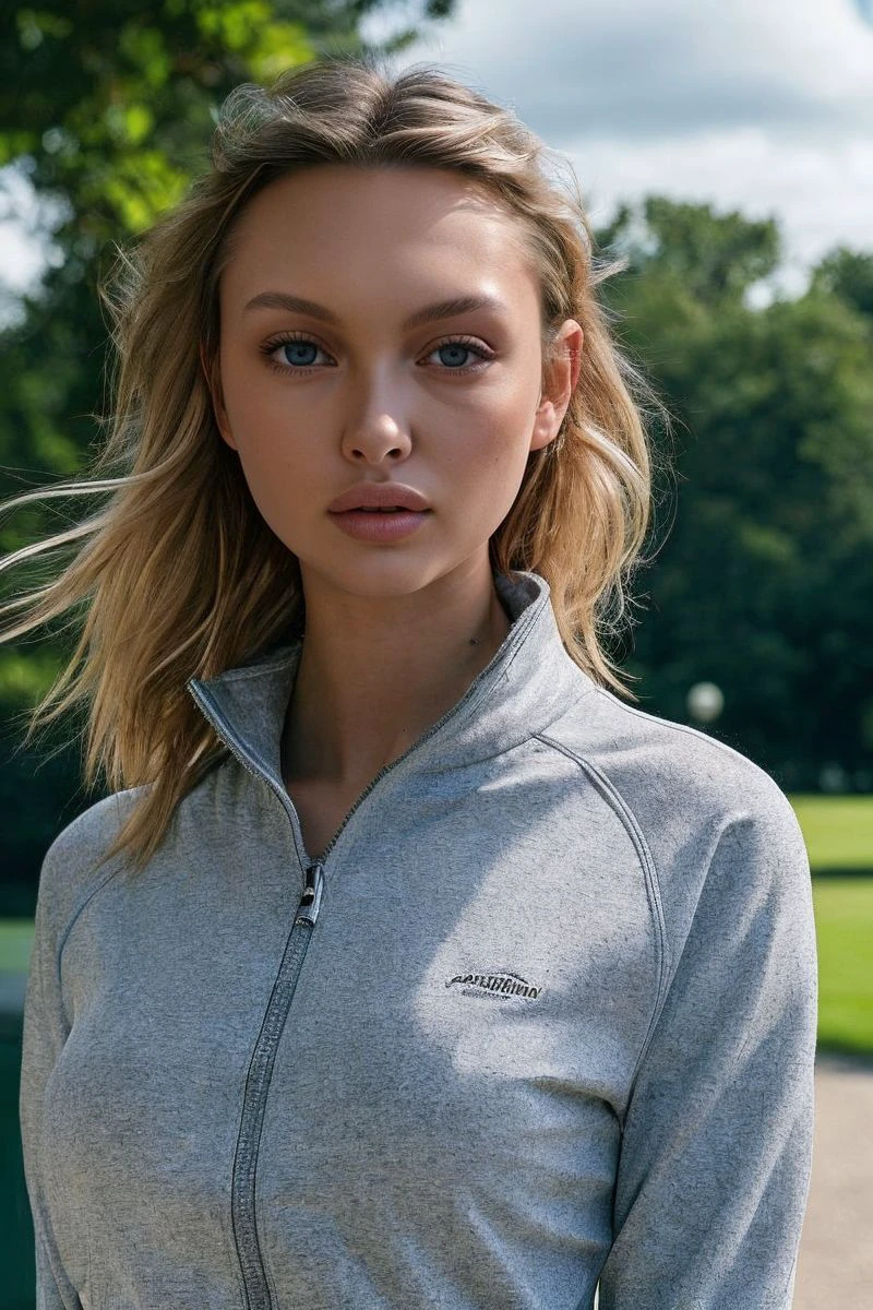 photo of S382_ChloeAvenaim,a stylish woman,in a (park:1.1),wearing a (tracksuit:1.1),(4k, RAW photo, best quality, 50mm, depth of field, ultra high res:1.1),(intricate, photorealistic, cinematic-shot, masterpiece, ultra-detailed:1.1),