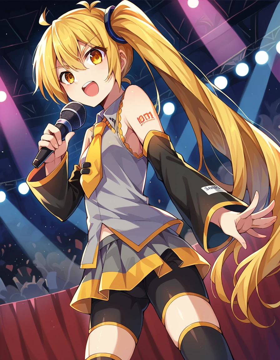 score_9, score_8_up, score_7_up, source_anime,
neruakita, <lora:neru-akita-ponyxl-lora-nochekaiser:1>,
neru akita, blonde hair, long hair, side ponytail, very long hair, yellow eyes,
bike shorts, detached sleeves, necktie, skirt, thighhighs, yellow necktie, zettai ryouiki, grey skirt, grey shirt, collared shirt, sleeveless,
indoors, stage, stage lights, singing, audience, microphone, holding microphone, open mouth,
looking at viewer, cowboy shot, dutch angle,