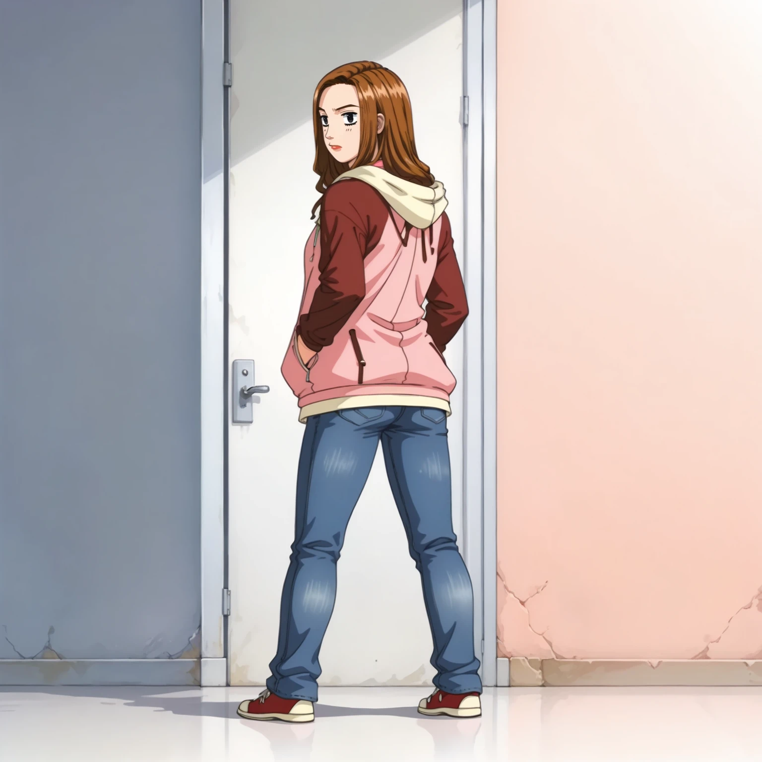 <lora:SayukiEXXLpony001>,
solo,
SayukiEX,1girl,brown hair,long hair,black eyes,
full body,standing,
hoodie,jacket,jeans,looking back,