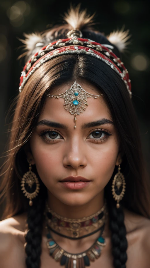 A medium 40mm glamour portrait of a tribal woman, (detailed facial features:0.2), high quality, professional photo, 28mm, (intricate detail), ((incredibly detailed skin:0.38)), Surreal Harmony, cinematic, lighting, 8K, HDR10, analog