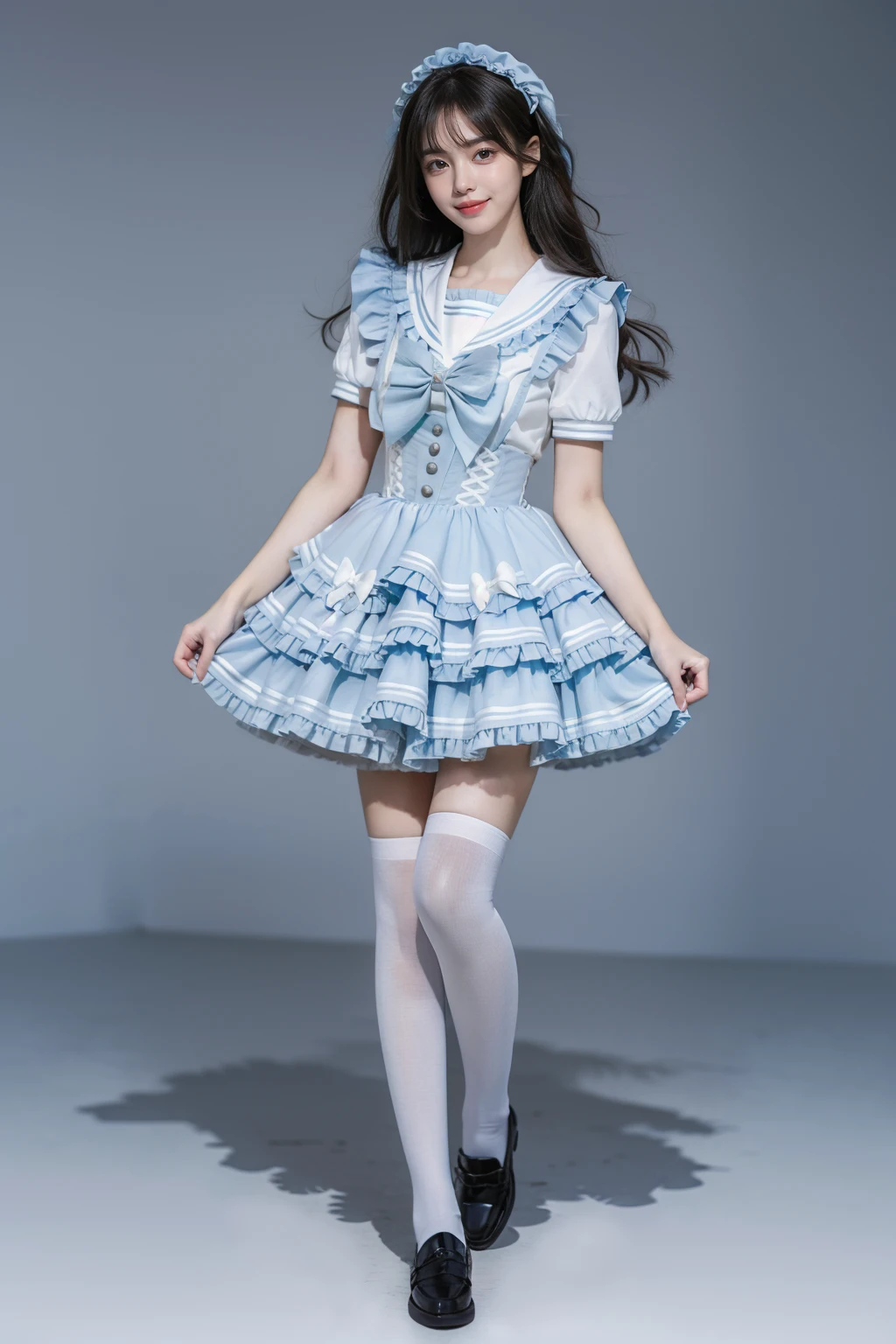 best quality, masterpiece, realistic, photorealistic, 1girl, solo, looking at viewer, smile, standing, full body, arms at side, cyb dress, dress, light blue dress, short sleeves, frilled dress, layered dress, suspender skirt, white shirt, frills, sailor collar, bow, white thighhighs, shoes, grey background, <lora:idol_costume_style9_v1:0.7>