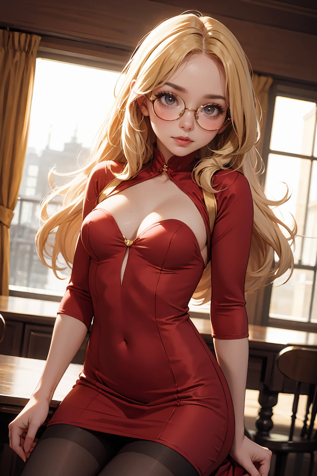 (masterpiece, best quality), 1girl, blonde hair, red dress, pantyhose, cute face, gold round glasses, table,