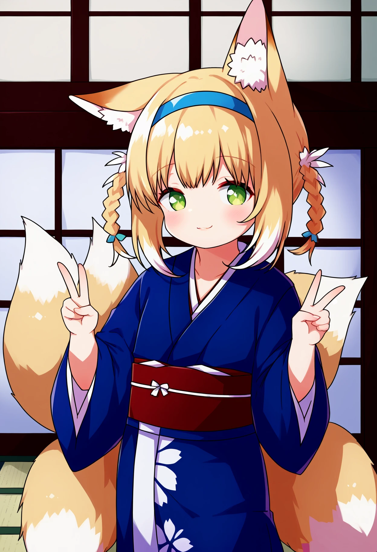 score_9, best quality, masterpiece, uncensored, source_anime
BREAK
1girl, solo, fox girl, fox ears, fox tail, multiple tails, short hair, blonde hair, twin braids, japanese kimono, japanese clothes, standing, indoors, v, hairband, suzuran \(arknights\), seductive smile, upper body, green eyes
<lora:done_(donezumi)_pony_v1:1>
