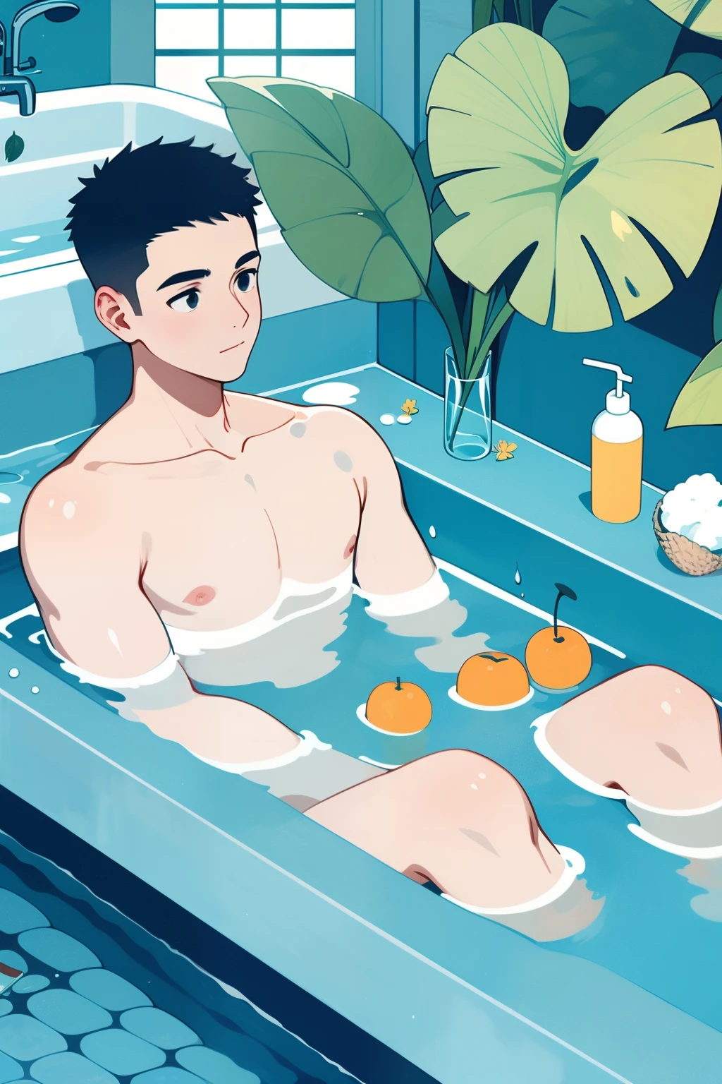 kk-boy, solo, 1boy, fruit, leaf, plant, bathtub, partially submerged, male focus, bathing, water, nude, shadow, bottle <lora:kk-1boy:0.8>