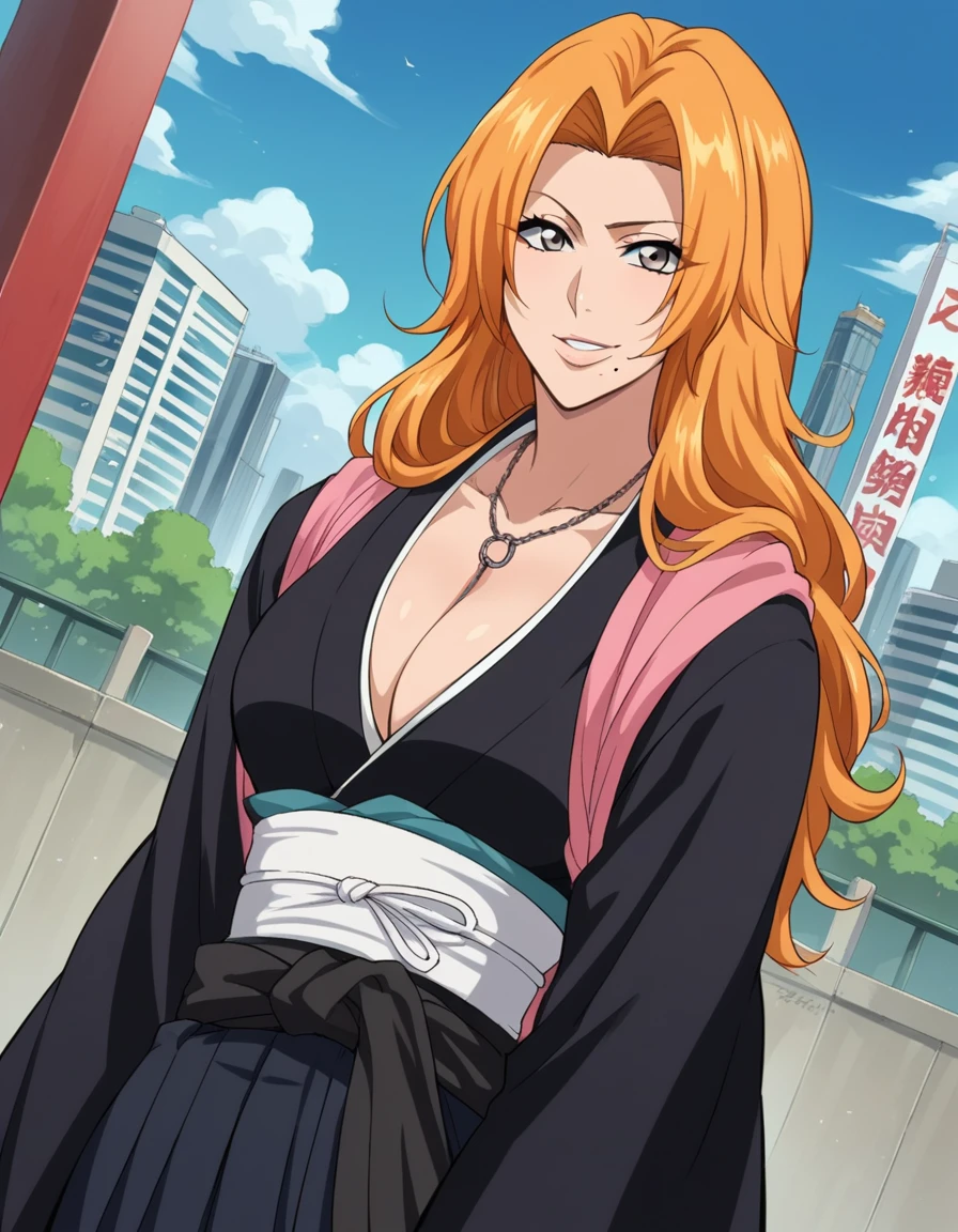 score_9, score_8_up, score_7_up, source_anime,
rangikumatsumoto, <lora:rangiku-matsumoto-anime-ponyxl-lora-nochekaiser:1>,
rangiku matsumoto, long hair, grey eyes, orange hair, mole, mole under mouth, parted bangs,
long sleeves, cleavage, jewelry, japanese clothes, kimono, necklace, black kimono, hakama, black hakama, sash, white sash,
outdoors, cityscape, smile,
looking at viewer, cowboy shot, dutch angle,