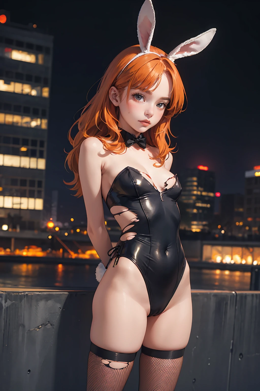 (masterpiece, best quality), 1girl, torn clothes, (torn) playboy bunny, photo session, fishnet legwear, orange hair, arms behind back, many people, cityscape,