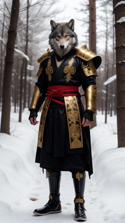 A samurai wolf with glowing bloodshot eyes, wearing shiny satin black and silver metal armor, intricate ornate weaved gold filiegree. In a snowy forest. full body