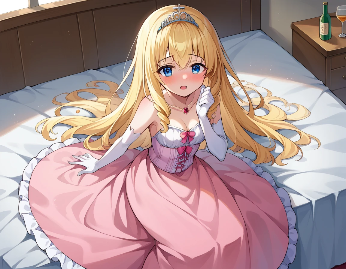 Beautiful long blonde Embarrassing Gold Tiara Pink Dress Princess Long sleeve pov handjob 1boy, 1girl, penis On the bed