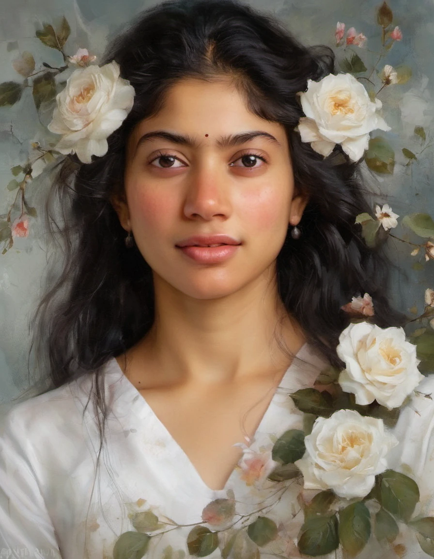 SaiPallavi,digital painting of a young girl with long black hair, eye contact, freckles, flirty, parted lips, long sleeve white shirt, flowers, seductive, elegant, by rutkowski and artgerm