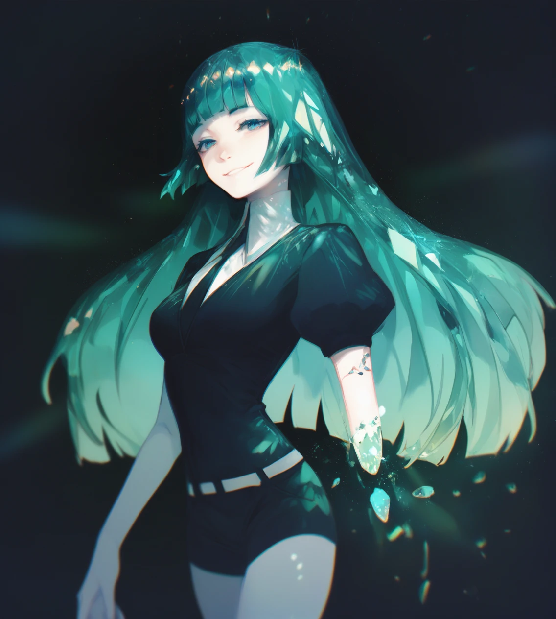 score_9,score_8_up,score_7_up,score_6_up,source anime BREAK,
1girl, solo, solo focus, green hair, blunt bangs, dark background, glowing, chromatic aberration, gradient hair, crystal hair, medium breasts, smile, cowboy shot,
<lora:houseki_no_kuni_artworks-000014:1>