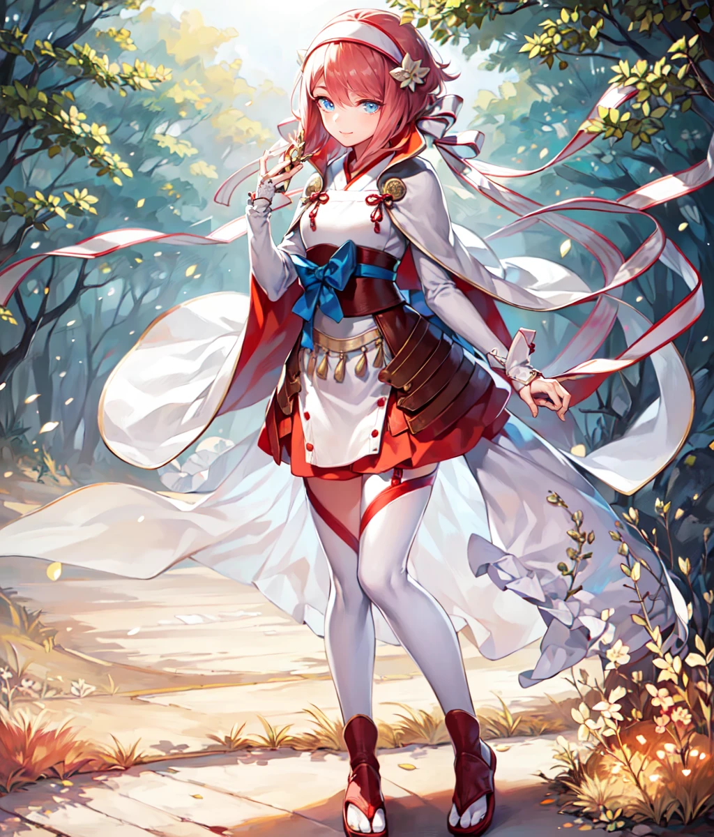 1girl, pink hair, short hair, brown eyes, hairband, japanese clothes, thighhighs, zettai ryouiki, capelet, bridal gauntlets, sandals, gohei, cowboy shot, smile, outdoors, forest. ((full body))  <lora:Sakura_FE:0.8>, Masterpiece, best quality, high resolution, unity 8k wallpaper, (illustration:0.8), (beautiful detailed eyes:1.6), extremely detailed face, perfect lighting, extremely detailed CG, (perfect hands, perfect anatomy),