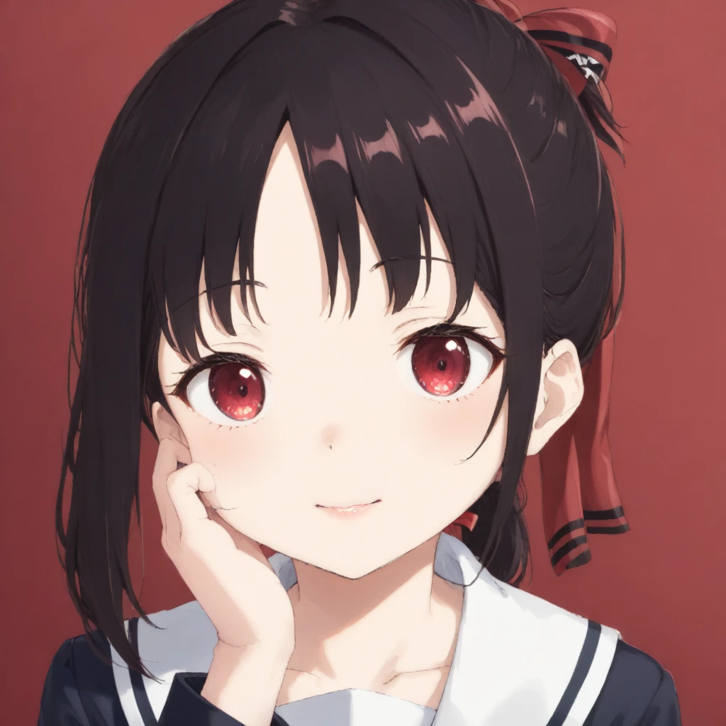 okawaii koto, 1girl, solo, subtle smile, black hair, red eyes, ribbon, school uniform, hair ribbon, parted lips, red ribbon, parted bangs, gradient background, red background, empty eyes, folded ponytail, hand on own chin, shuuchiin academy school uniform, shinomiya kaguya <lora:Okawaii_koto:1>