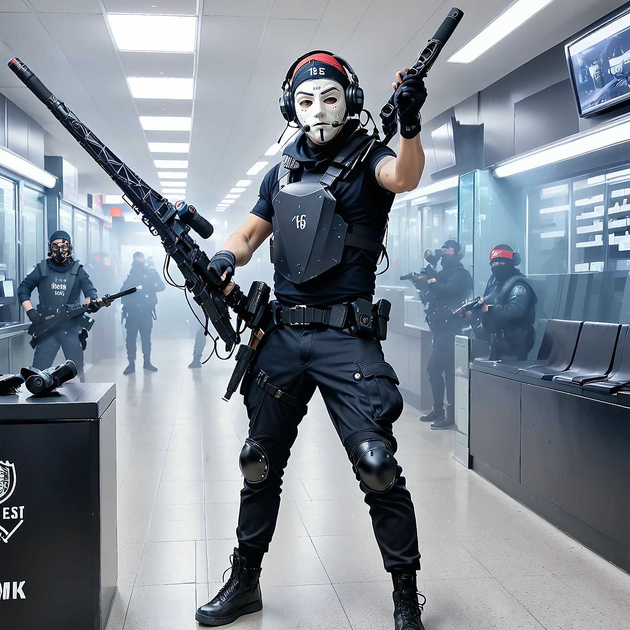 A man in black overalls and a hockey mask aiming a rifle, m56smrt, headphones, optical sight, fingerless leather gloves, headband, body armor, harness, bank heist, robbery, money bags,