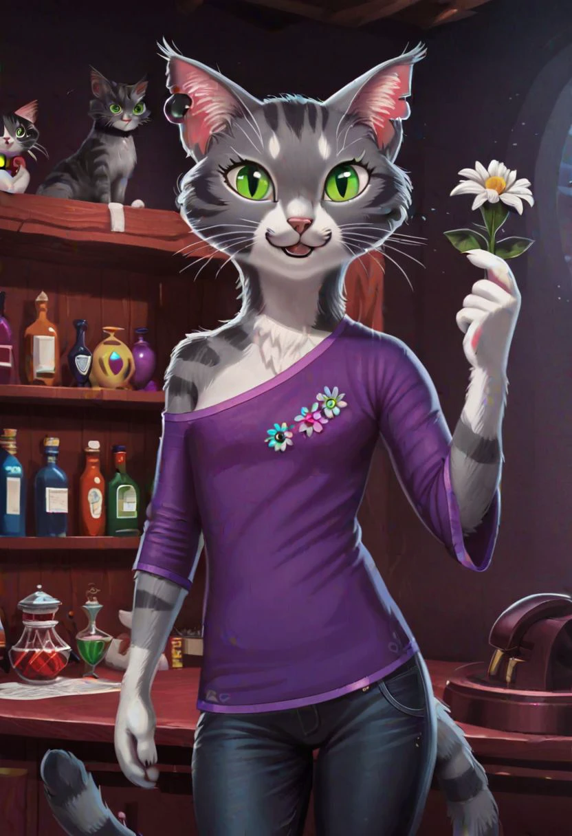 masterpiece, concept art, digital art, realistic,
1girl,
albatrya, cat,
purple shirt and pants with flower icon, gray fur,
smiling,
green eyes,
AissistV2