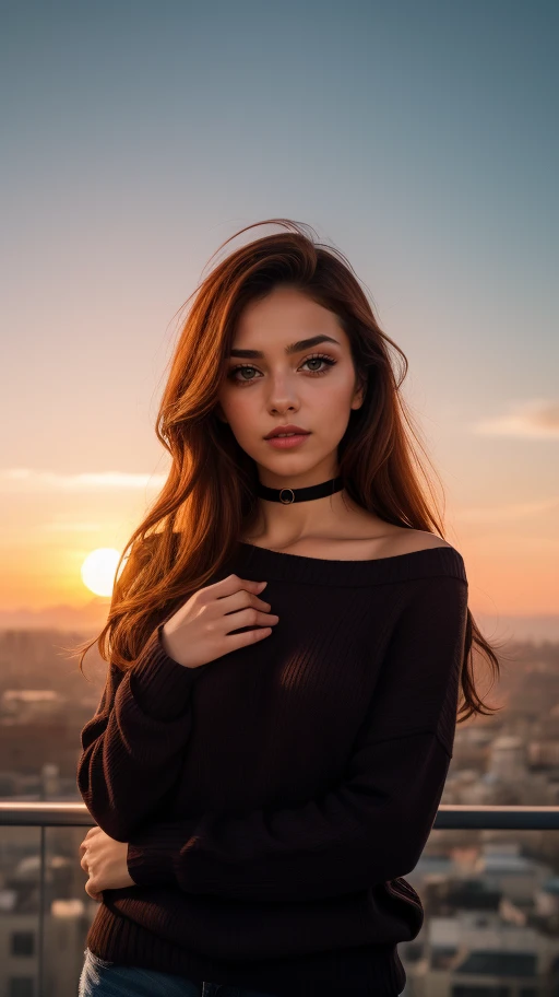 1 young cute iranian girl, very slim, skinny, redhead, rouge, red neck lace choker, cateyes makeup, colorful, oversize knit jumper, softcore, warm lighting, cosy atmosphere, Instagram style, red theme, upper body shot,(cinematic, black and red:0.85), (sunset beautiful background:1.3), sharp, dim colors