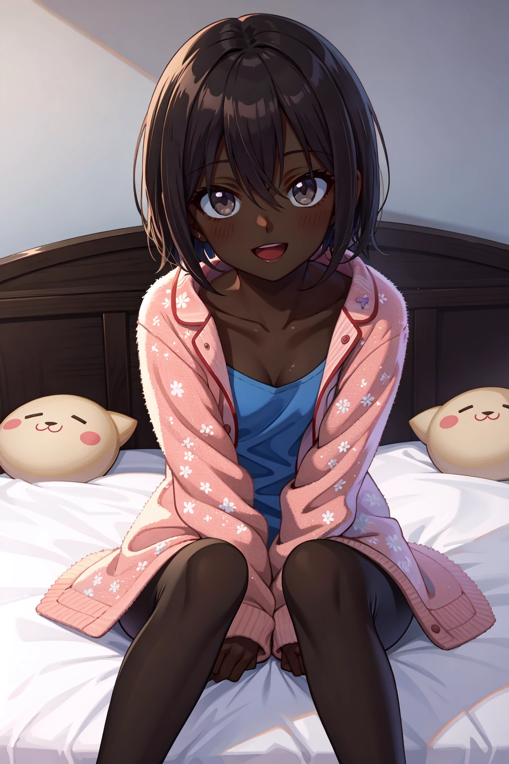 (best quality:1.4), amazing intricate, girl, (dark skin:1.2), black hair, short hair, dark gray eyes, dropping eyes, small breasts, looking at viewer, :d, sitting on bed, knees together feet apart, (fluffy:1.1) pajamas <lora:kasshokuhada:0.7>
